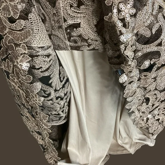 Tadashi Shoji Gown Size 8 Tan/Gold Lace Lined Cap Sleeve Wedding Formal Event